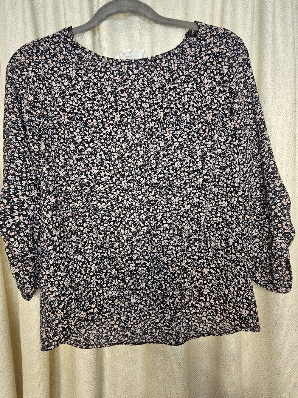 Black Floral Print Women's Blouse with Pink Accents